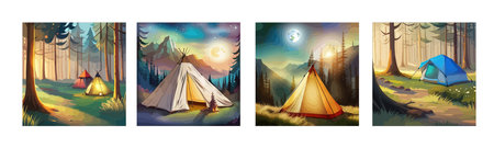 Tourist summer camping. Vector illustration of tents. Camping on a clearing in the forest. Flat style. Summer camp, nature tourism, camping, hiking, trekking.のイラスト素材