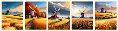 Windmill farm. Wheat field. Agriculture. Flour grinding mechanism. Windmill. Rural Dutch landscape with windmill and wheat field. Vertical format.のイラスト素材