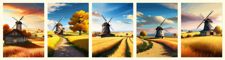 Windmill farm. Wheat field. Agriculture. Flour grinding mechanism. Windmill. Rural Dutch landscape with windmill and wheat field. Vertical format.のイラスト素材