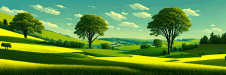 Green field, tree and blue sky. Great background, web banner. Electrical illustrationのイラスト素材