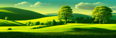 Green field, tree and blue sky. Great background, web banner. Electrical illustrationのイラスト素材