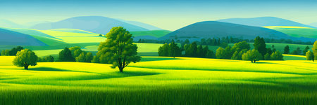 Green field, tree and blue sky. Great background, web banner. Electrical illustrationのイラスト素材