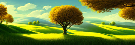 Green field, tree and blue sky. Great background, web banner. Electrical illustrationのイラスト素材
