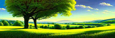 Green field, tree and blue sky. Great background, web banner. Electrical illustrationのイラスト素材
