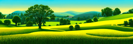 Green field, tree and blue sky. Great background, web banner. Electrical illustrationのイラスト素材