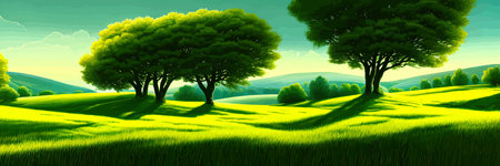 Green field, tree and blue sky. Great background, web banner. Electrical illustrationのイラスト素材