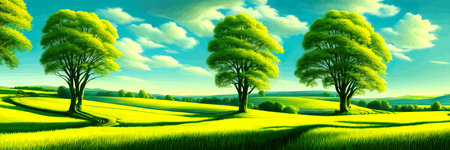 Green field, tree and blue sky. Great background, web banner. Electrical illustrationのイラスト素材