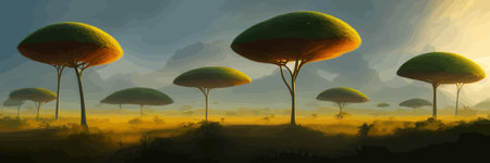 African rainforest. African jungle rainforest panorama with tropical vegetation, exotic fantasy landscape banner vector illustration. african savannah vector illustration.のイラスト素材