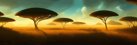 African rainforest. African jungle rainforest panorama with tropical vegetation, exotic fantasy landscape banner vector illustration. african savannah vector illustration.のイラスト素材