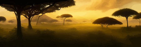 African rainforest. African jungle rainforest panorama with tropical vegetation, exotic fantasy landscape banner vector illustration. african savannah vector illustration.のイラスト素材