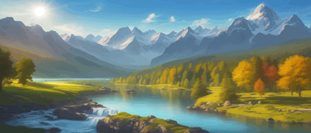 Picture of a mountain lake with a mountain range in the background and a lake in the foreground with a mountain range in the background. vector illustrationのイラスト素材