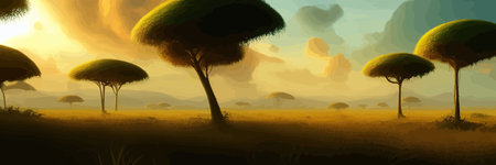 African rainforest. African jungle rainforest panorama with tropical vegetation, exotic fantasy landscape banner vector illustration. african savannah vector illustration.のイラスト素材