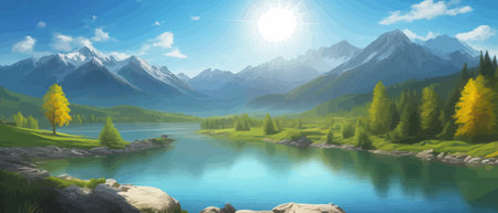 Picture of a mountain lake with a mountain range in the background and a lake in the foreground with a mountain range in the background. vector illustrationのイラスト素材