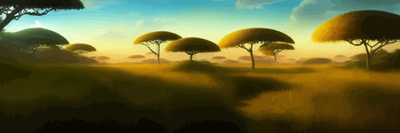 African rainforest. African jungle rainforest panorama with tropical vegetation, exotic fantasy landscape banner vector illustration. african savannah vector illustration.のイラスト素材