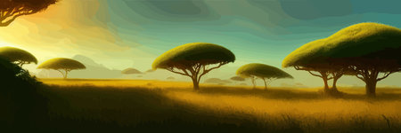 African rainforest. African jungle rainforest panorama with tropical vegetation, exotic fantasy landscape banner vector illustration. african savannah vector illustration.のイラスト素材