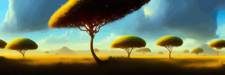 African rainforest. African jungle rainforest panorama with tropical vegetation, exotic fantasy landscape banner vector illustration. african savannah vector illustration.のイラスト素材