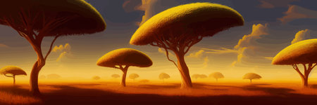 African rainforest. African jungle rainforest panorama with tropical vegetation, exotic fantasy landscape banner vector illustration. african savannah vector illustration.のイラスト素材