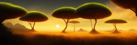 African rainforest. African jungle rainforest panorama with tropical vegetation, exotic fantasy landscape banner vector illustration. african savannah vector illustration.のイラスト素材