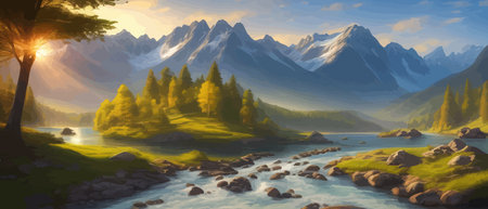 Picture of a mountain lake with a mountain range in the background and a lake in the foreground with a mountain range in the background. vector illustrationのイラスト素材