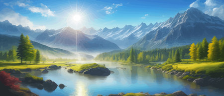 Picture of a mountain lake with a mountain range in the background and a lake in the foreground with a mountain range in the background. vector illustrationのイラスト素材