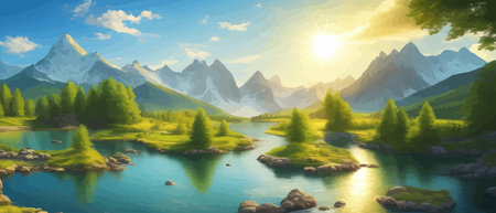 Picture of a mountain lake with a mountain range in the background and a lake in the foreground with a mountain range in the background. vector illustrationのイラスト素材