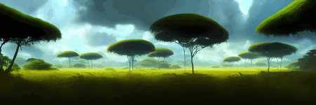 African rainforest. African jungle rainforest panorama with tropical vegetation, exotic fantasy landscape banner vector illustration. african savannah vector illustration.のイラスト素材