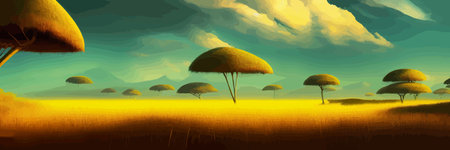 African rainforest. African jungle rainforest panorama with tropical vegetation, exotic fantasy landscape banner vector illustration. african savannah vector illustration.のイラスト素材