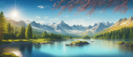 Picture of a mountain lake with a mountain range in the background and a lake in the foreground with a mountain range in the background. vector illustrationのイラスト素材
