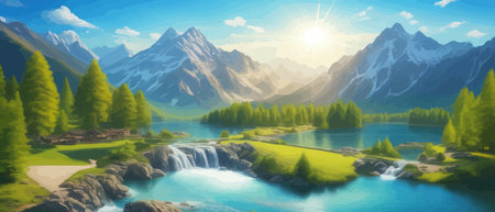 Picture of a mountain lake with a mountain range in the background and a lake in the foreground with a mountain range in the background. vector illustrationのイラスト素材