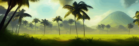 African rainforest. African jungle rainforest panorama with tropical vegetation, exotic fantasy landscape banner vector illustration. african savannah vector illustration.のイラスト素材