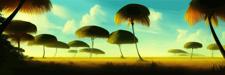 African rainforest. African jungle rainforest panorama with tropical vegetation, exotic fantasy landscape banner vector illustration. african savannah vector illustration.のイラスト素材