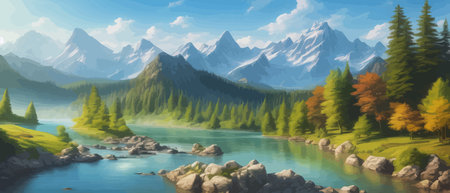 Picture of a mountain lake with a mountain range in the background and a lake in the foreground with a mountain range in the background. vector illustrationのイラスト素材