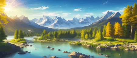 Picture of a mountain lake with a mountain range in the background and a lake in the foreground with a mountain range in the background. vector illustrationのイラスト素材
