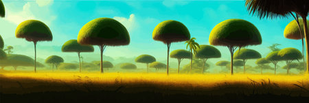 African rainforest. African jungle rainforest panorama with tropical vegetation, exotic fantasy landscape banner vector illustration. african savannah vector illustration.のイラスト素材