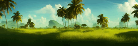 African rainforest. African jungle rainforest panorama with tropical vegetation, exotic fantasy landscape banner vector illustration. african savannah vector illustration.のイラスト素材