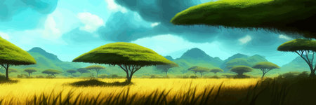 African rainforest. African jungle rainforest panorama with tropical vegetation, exotic fantasy landscape banner vector illustration. african savannah vector illustration.のイラスト素材