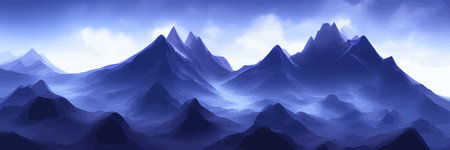 Realistic mountain landscape. Morning panorama of the forest, pine trees and mountain silhouettes.のイラスト素材