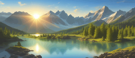 Picture of a mountain lake with a mountain range in the background and a lake in the foreground with a mountain range in the background. vector illustrationのイラスト素材