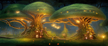 Fantastic houses magical forest night, fabulous dwelling in tree trunks. Banner vector illustration Fairy-tale house in a tree with a roof intertwined. Forest house.のイラスト素材