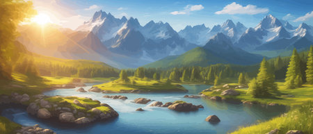 Picture of a mountain lake with a mountain range in the background and a lake in the foreground with a mountain range in the background. vector illustrationのイラスト素材