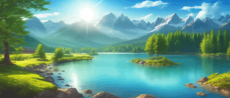 Picture of a mountain lake with a mountain range in the background and a lake in the foreground with a mountain range in the background. vector illustrationのイラスト素材