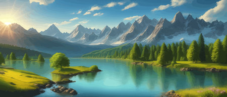 Picture of a mountain lake with a mountain range in the background and a lake in the foreground with a mountain range in the background. vector illustrationのイラスト素材