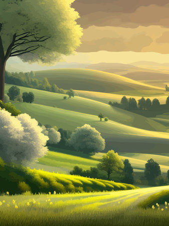Vector illustration rural landscape with green fields. Vertical poster sunny summer day countryside. beautiful green meadows with coniferous trees. Flat cartoon landscape with nature. spring landscape.のイラスト素材