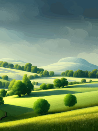 Vector illustration rural landscape with green fields. Vertical poster sunny summer day countryside. beautiful green meadows with coniferous trees. Flat cartoon landscape with nature. spring landscape.のイラスト素材