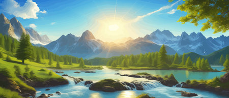 Picture of a mountain lake with a mountain range in the background and a lake in the foreground with a mountain range in the background. vector illustrationのイラスト素材