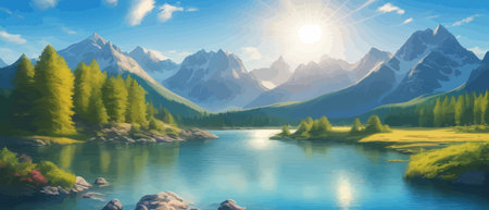 Picture of a mountain lake with a mountain range in the background and a lake in the foreground with a mountain range in the background. vector illustrationのイラスト素材