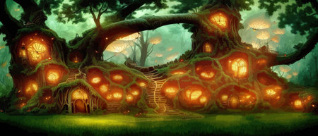 Fantastic houses magical forest night, fabulous dwelling in tree trunks. Banner vector illustration Fairy-tale house in a tree with a roof intertwined. Forest house.のイラスト素材