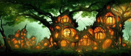 Fantastic houses magical forest night, fabulous dwelling in tree trunks. Banner vector illustration Fairy-tale house in a tree with a roof intertwined. Forest house.のイラスト素材