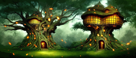 Fantastic houses magical forest night, fabulous dwelling in tree trunks. Banner vector illustration Fairy-tale house in a tree with a roof intertwined. Forest house.のイラスト素材