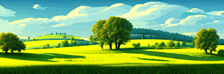 Green field, tree and blue sky. Great background, web banner. Electrical illustrationのイラスト素材